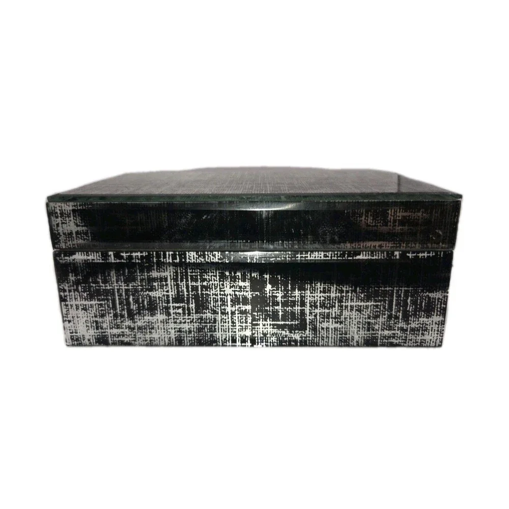 Vintage Glam Speckled Glass Trinket Box Beveled Panels Jewelry Box Silver Black